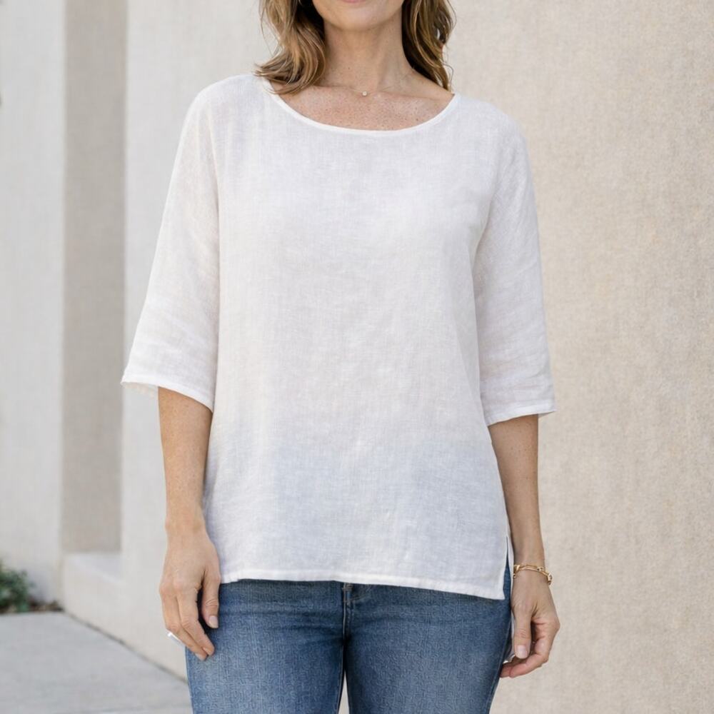 Womens 100% Linen Top XL Boxy Relaxed Dolman Made Italy Coastal Minimalist White